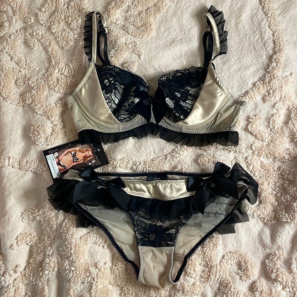 2 Piece Taupe & Black Ruffle Lace and Satin Bra & Panty Set